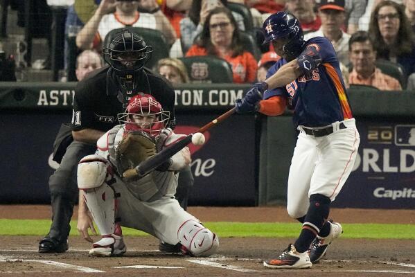 Houston Astros Alex Bregman at bat against Phillies in Game 3 of the 2022  World Series