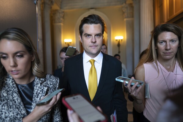 Rep. Matt Gaetz, R-Fla., one of House Speaker Kevin McCarthy's harshest critics, leaves the chamber after speaking on the floor, at the Capitol in Washington, Monday, Oct. 2, 2023. Gaetz has said he plans to use a procedural tool called a motion to vacate to try and strip McCarthy of his office as soon as this week. (AP Photo/J. Scott Applewhite)