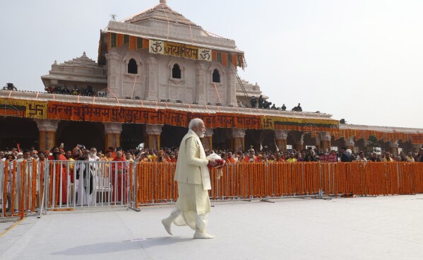 In this photograph released by Indian Government Press Information Bureau, Indian Prime Minister, arrives to lead the opening of a temple dedicated to Hinduism’s Lord Ram in Ayodhya, India, Monday, Jan. 22, 2024. (Press Information Bureau via AP)