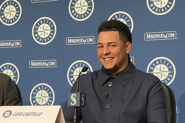 Seattle Mariners pitcher Luis Castillo smiles during a baseball news conference in Seattle, Monday, Sept. 26, 2022. (AP Photo/Tim Booth)