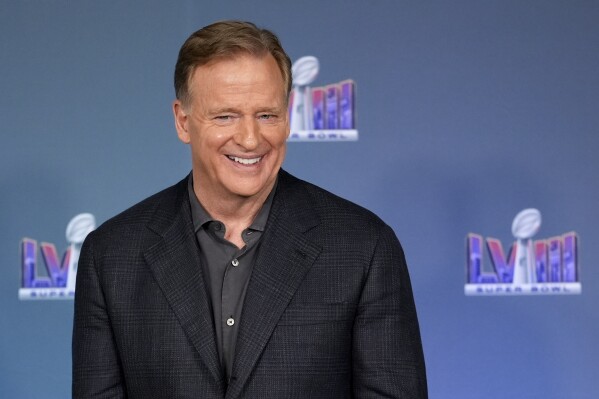NFL football commissioner Roger Goodell speaks during a Super Bowl 58 news conference, Monday, Feb. 5, 2024, in Las Vegas. The San Francisco 49ers face the Kansas City Chiefs in Super Bowl 58 on Sunday. (AP Photo/Matt York)