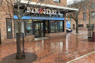 The front of the Ben Jerry's ice cream shop in Burlington, Vt., on Monday April 17, 2023. About 40 workers at the shop near where the company was founded announced Monday they were seeking to form a union. (AP Photo/Wilson Ring)