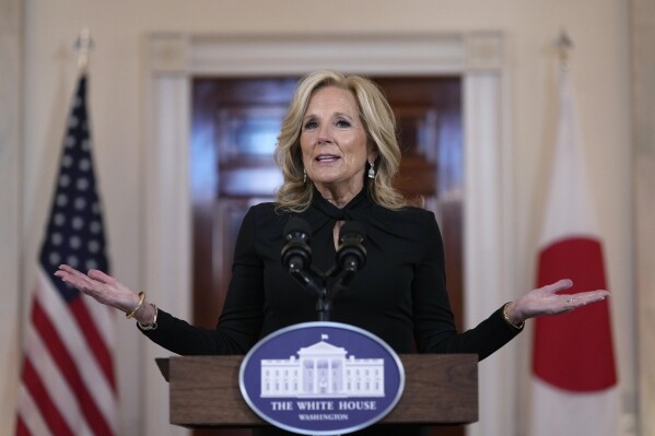 First lady Jill Biden speaks before previewing the food and decorations at the White House in Washington, Tuesday, April 9, 2024, for the State Dinner for Japan's Prime Minister Fumio Kishida on Wednesday. (AP Photo/Susan Walsh)