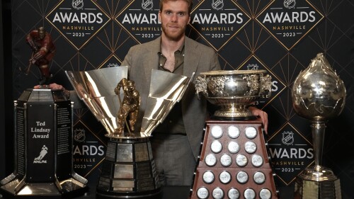 Edmonton Oilers hockey player Connor McDavid poses with the Ted Lindsey Award, the Maurice "Rocket" Richard Trophy, the Art Ross Trophy and the Hart Memorial Trophy at the NHL Awards, Monday, June 26, 2023, in Nashville, Tenn. (AP Photo/George Walker IV)