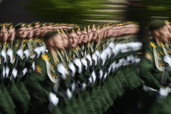 Russian servicemen march along Red Square during the Victory Day military parade in Moscow, Russia, Friday, May 9, 2025, during celebrations of the 80th anniversary of the Soviet Union's victory over Nazi Germany during the World War II. (AP Photo/Pavel Bednyakov, Pool)