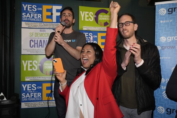 San Francisco Mayor London Breed rallies supporters during an election night party, Tuesday, March 5, 2024, in San Francisco. (AP Photo/Godofredo A. Vásquez)