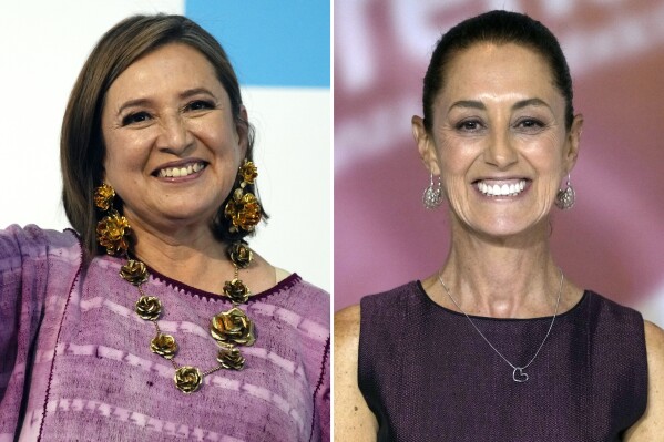 FILES - This combination of two file photos shows Xochitl Galvez, at left, arriving to register her name as a presidential candidate on July 4, 2023 in Mexico City, and at right, Claudia Sheinbaum at an event that presented her as her party's presidential nominee on Sept. 6, 2023 in Mexico City. (AP Photo/Fernando Llano, Files)