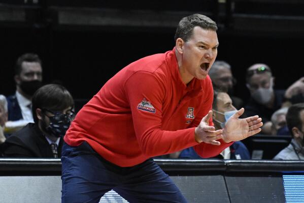 Arizona head coach Tommy Lloyd calls to his team during the first half of a second-round NCAA college basketball tournament game against TCU, Sunday, March 20, 2022, in San Diego. (AP Photo/Denis Poroy)