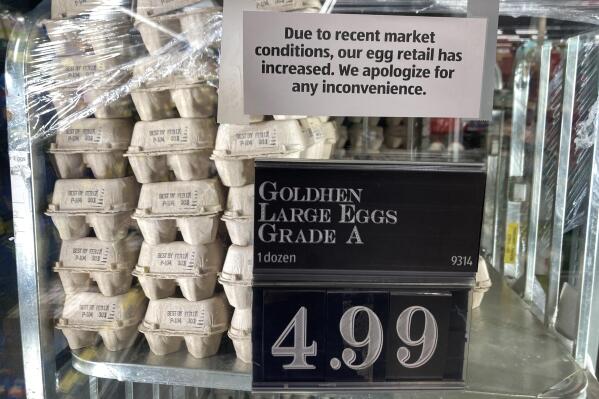 A grocery store in Cheverly, Md., posts a sign to apologize for the increased price of their eggs, Tuesday, Jan. 10, 2023. (AP Photo/Susan Walsh)
