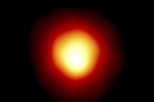 This image taken with the Hubble Space Telescope and released by NASA on August 10, 2020, shows the star Alpha Orionis, or Betelgeuse, a red supergiant.  The star, one of the largest and brightest stars in the night sky, will temporarily disappear when an asteroid passes in front of it late Monday, December 11, 2023, through early Tuesday.  The event must be visible to millions of people along a narrow corridor stretching from Tajikistan and Armenia in Central Asia, through Turkey, Greece, Italy and Spain, all the way to Miami, the Florida Keys, and finally Mexico.  (Andrea Dupree (Harvard-Smithsonian CfA), Ronald Gilliland (STScI), NASA and ESA via AP)