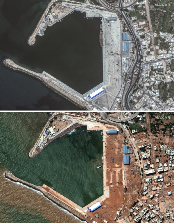 This combination of satellite images from Maxar Technologies shows port facilities in Derna, Libya, on July 1, 2023, top, and the same flood damaged area on Wednesday, Sept. 13, 2023. (Satellite image ©2023 Maxar Technologies via AP)
