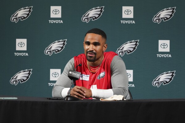 Philadelphia Eagles' Jalen Hurts speaks during a news conference at the NFL football team's training facility, Tuesday, May 20, 2025, in Philadelphia. (AP Photo/Matt Slocum)