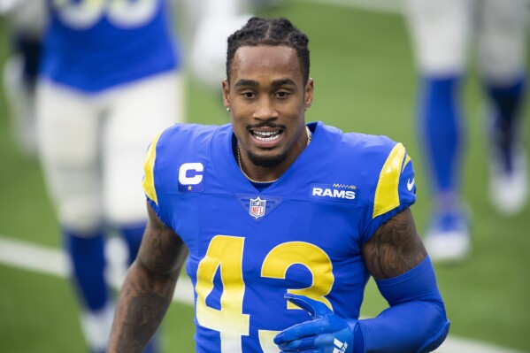 FILE - Los Angeles Rams safety John Johnson III (43) is shown during an NFL football game against the Arizona Cardinals Sunday, Jan. 3, 2021, in Inglewood, Calif. Veteran safety John Johnson is returning to the Los Angeles Rams after two seasons in Cleveland. Johnson has agreed to terms and will officially rejoin the Rams' roster after he passes a physical Monday, Aug. 7, 2023. (AP Photo/Kyusung Gong, File)