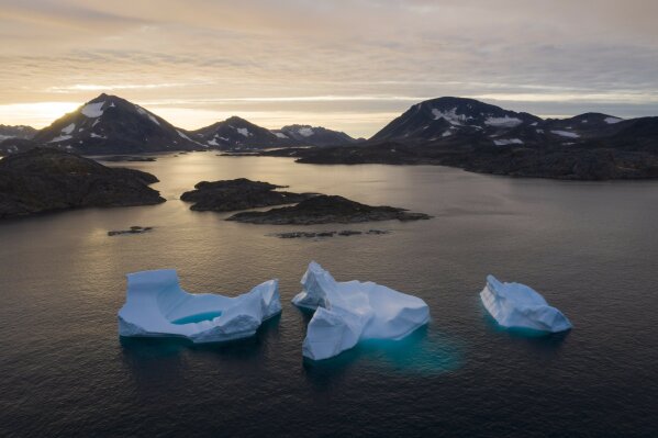FILE - In this Aug. 16, 2019, file photo, large icebergs float away as the sun rises near Kulusuk, Greenland. The decade that just ended was by far the hottest ever measured on Earth, capped off by the second-warmest year on record, NASA and the National Oceanic and Atmospheric Administration reported Wednesday, Jan. 15, 2020. (AP Photo/Felipe Dana, File)