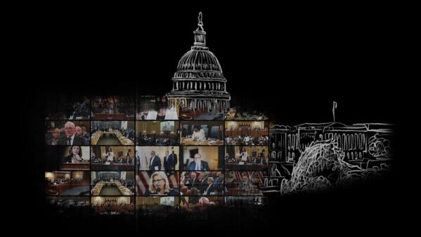 AP Illustration of scenes of the January 6th hearings and Capitol.