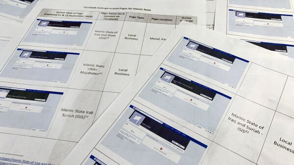 Pages from a confidential whistleblower's report obtained by The Associated Press, are photographed in Washington, on Tuesday, Sept. 17, 2019. Facebook likes to say that its automated systems remove the vast majority of prohibited content glorifying the Islamic State group and al-Qaida before it’s reported. But a whistleblower’s complaint shows that Facebook itself has inadvertently produced dozens of pages in their names.  (AP Photo/Jon Elswick)