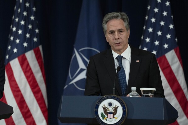 Secretary of State Antony Blinken speaks during a news conference with NATO Secretary General Jens Stoltenberg at the State Department, Monday, Jan. 29, 2024, in Washington. (AP Photo/Manuel Balce Ceneta)