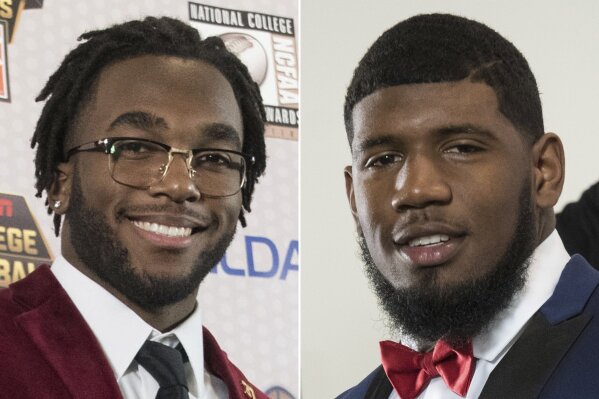 
              FILE - These are 2017 file photos showing Stanford's Bryce Love, left, and Houston's Ed Oliver. Heisman Trophy runner-up Bryce Love and Outland Trophy winner Ed Oliver highlight the AP’s Preseason NCAA college football All-America team, selected Tuesday, Aug. 21, 2018. (AP Photo/File)
            