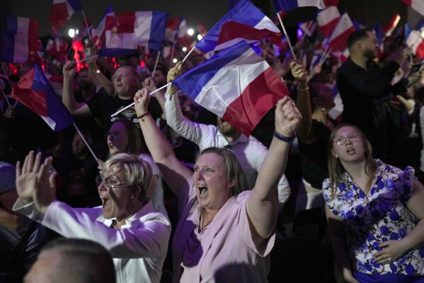 Supporters of French far right leader Marine Le Pen react after the release of projections based on the actual vote count in select constituencies in Henin-Beaumont, northern France, Sunday, June 30, 2024. (AP Photo/Thibault Camus)