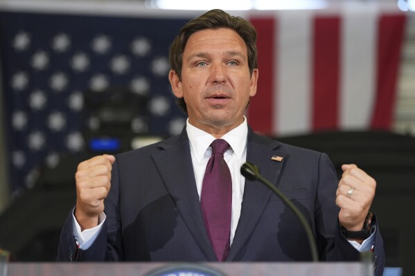 Gov. Ron DeSantis speaks during a press conference about a recent immigration enforcement operation, at the South Florida office of U.S. Immigration and Customs Enforcement and Enforcement and Removal Operations, Thursday, May 1, 2025, in Miramar, Fla. (AP Photo/Rebecca Blackwell)