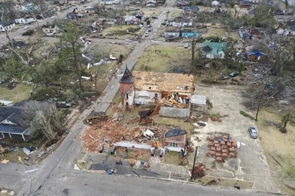 This image taken with a drone shows tornado damage, Friday, Jan. 13, 2023, in Selma, Ala. (DroneBase via AP)