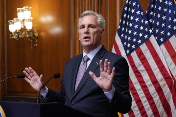 FILE - Rep. Kevin McCarthy, R-Calif., speaks to reporters hours after he was ousted as Speaker of the House, Tuesday, Oct. 3, 2023, at the Capitol in Washington. McCarthy spent years tirelessly raising mountains of Republican campaign cash as he worked his way toward becoming Speaker of the House. Now that he’s been ousted from the post, some in McCarthy’s party are wondering if all that fundraising will evaporate. (AP Photo/J. Scott Applewhite, File)