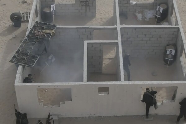 This image from video posted to social media by Hamas on Sept. 12, 2023 shows a live-fire exercise dubbed operation “Strong Pillar” outside Al-Mawasi, a Palestinian town on the southern coast of the Gaza Strip. (Hamas via AP)