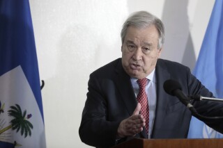 UN Secretary-General Antonio Guterres speaks during a press conference at the diplomatic lounge in Port-au-Prince, Haiti, Saturday, July 1, 2023. (AP Photo/Odelyn Joseph)