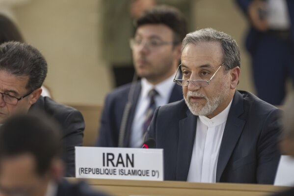 Iranian Foreign Minister Abbas Araghchi, speaks, during the 59th session of the Human Rights Council at the European headquarters of the United Nations in Geneva, Switzerland, Friday, June 20, 2025. (Martial Trezzini/Keystone via AP)