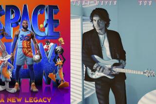 This combination of photos shows promotional art for the film "Space Jam: A New Legacy," premiering Friday on HBO Max and in theaters, left, and "Sob Rock," the latest album by John Mayer, releasing on Friday. (HBO Max via AP, left, and Columbia via AP)