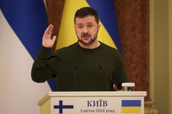 FILE - Ukraine's President Volodymyr Zelenskyy gestures during a press conference in Kyiv, Ukraine, Wednesday, April 3, 2024. Ukrainian counterintelligence investigators have foiled a Russian plot to assassinate President Volodymyr Zelenskyy and other top military and political figures, Ukraine’s state security service said Tuesday, May 7, 2024. (AP Photo/Vadim Ghirda, File)