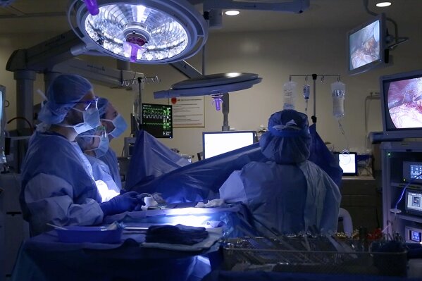 
              In this image made from video provided by Johns Hopkins Medicine, surgeons operate on Nina Martinez of Atlanta, who’s thought to be the world’s first kidney transplant living donor with HIV, in Baltimore on Monday, March 25, 2019. Doctors transplanted one of Martinez’s kidneys into an HIV-positive recipient who chose to remain anonymous. (Johns Hopkins Medicine via AP)
            