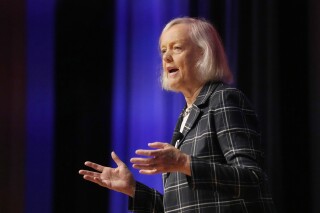 File - U.S. ambassador to Kenya Meg Whitman speaks at an event in San Francisco, Sept. 15, 2023. An $11 billion deal that blew up into a debacle for Hewlett Packard more than a decade ago, when Whitman was CEO of the company, will be resurrected Monday during a criminal trial that will examine whether the company was ripped off or just mismanaged. (AP Photo/Jeff Chiu, File)