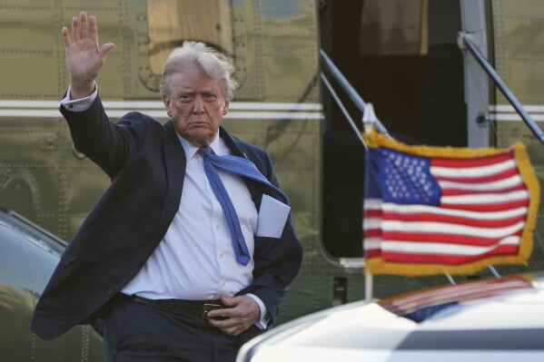 President Donald Trump arrives at Leesburg Executive Airport on Marine One in Leesburg, Va., Thursday, April 24, 2025, en route to Trump National Golf Club Washington DC in Sterling, Va. (AP Photo/Jacquelyn Martin)