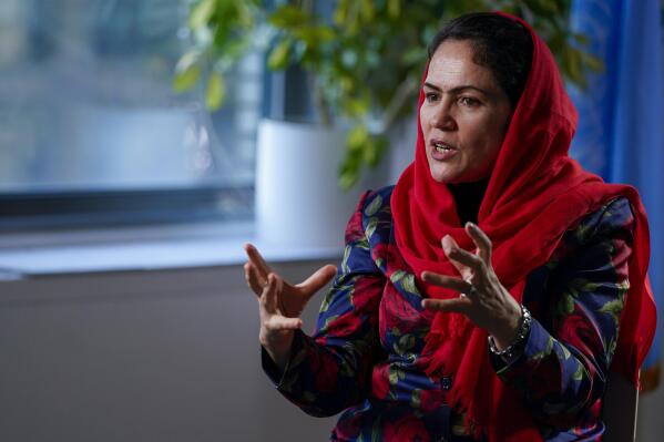Fawzia Koofi, one of the Afghanistan's once-prominent female leaders — a former parliament member, candidate for president and a nominee for the Nobel Peace Prize -- speaks during an interview with The Associated Press, Wednesday, Oct. 20, 2021, in New York. Koofi called for humanitarian aid sent to Afghanistan to be contingent on the participation of women in its distribution, as well as free and safe travel for Afghans into and out of the country. (AP Photo/Mary Altaffer)