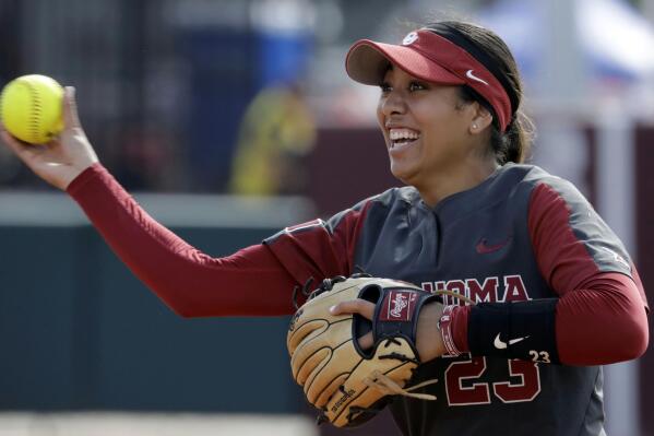 FILE - Oklahoma's Tiare Jennings reacts during an NCAA college softball game against Hofstra, May 19, 2023, in Norman, Okla. Oklahoma will seek its third straight national softball title and seventh championship overall at the Women’s College World Series. (AP Photo/Garett Fisbeck, File)