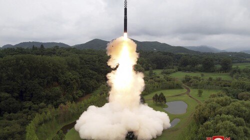 This photo provided on July 13, 2023, by the North Korean government shows what it says is the test-firing of an Hwasong-18 ICBM, at an undisclosed location, in North Korea, on July 12, 2023. Independent journalists were not given access to cover the event depicted in this image distributed by the North Korean government. The content of this image is as provided and cannot be independently verified. Korean language watermark on image as provided by source reads: 