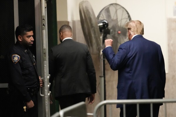 Former President Donald Trump gestures to reporters as he leaves the courtroom during a break in his trial, Tuesday, May 7, 2024 in New York. (AP Photo/Mary Altaffer, Pool)