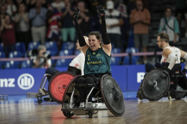 Australia's Ella Sabljak celebrates after winning the wheelchair rugby bronze medal match between Australia and Great Britain at the 2024 Paralympics, Monday, Sept. 2, 2024, in Paris, France. (AP Photo/Aurelien Morissard)