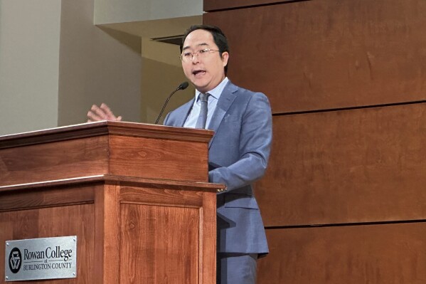 U.S. Rep. Andy Kim delivers his campaign pitch to Burlington County Democratic voters on ahead of a vote to decide which candidate for U.S. Senate on Saturday, Feb. 24, 2024. Kim won the vote on Saturday but his odds look longer in populous northern counties where first lady Tammy Murphy has party leader support. AP photo/Mike Catalini)