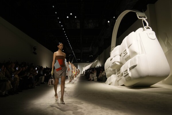 A model display a creation by British designer Kim Jones for Louis
