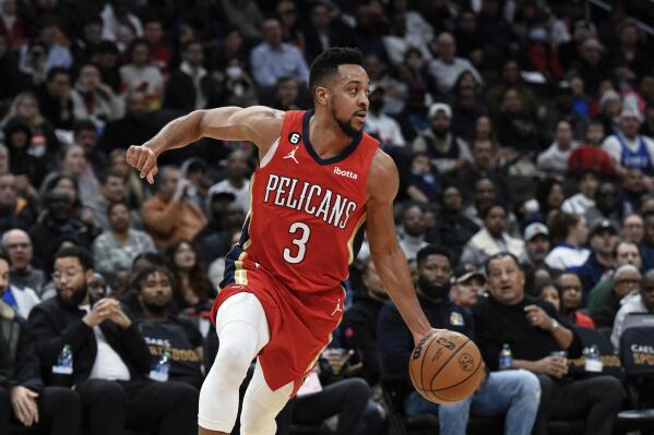 New Orleans Pelicans guard CJ McCollum (3) goes to the basket during the first quarter of an NBA basketball game against the Washington Wizards, Monday, Jan. 9, 2023, in Washington. (AP Photo/Terrance Williams)
