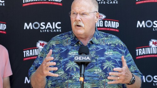 Kansas City Chiefs head coach Andy Reid speaks to reporters at Missouri Western State University during the first day of NFL football training camp on Tuesday, July 18, 2023, in St. Joseph, Mo. (Nick Wagner/The Kansas City Star via AP)