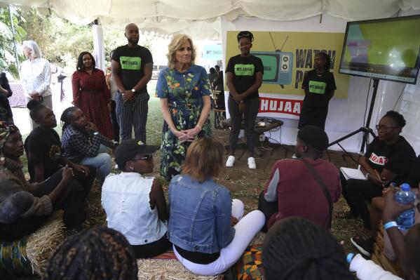 US first lady Jill Biden, centre, meets youth at Village Creative in Nairobi, Kenya, Saturday, Feb. 25, 2023. Biden is in Kenya on the second and final stop of her trip. (AP Photo/Brian Inganga)