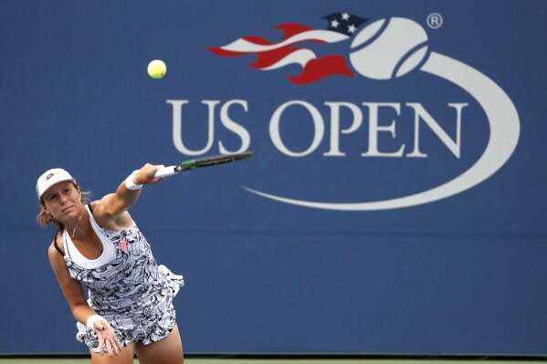 FILE - Varvara Lepchenko, of the United States, serves to Ana Konjuh, of Croatia, during the third round of the U.S. Open tennis tournament, Sept. 3, 2016, in New York. (AP Photo/Alex Brandon, File)