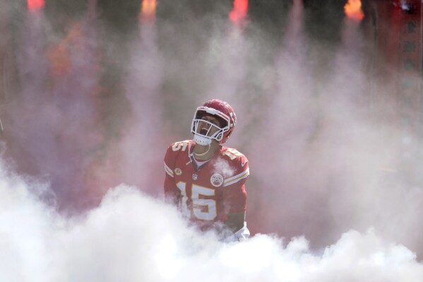 Kansas City Chiefs quarterback Patrick Mahomes is introduced before the start of an NFL football game against the Chicago Bears Sunday, Sept. 24, 2023, in Kansas City, Mo. (AP Photo/Ed Zurga)