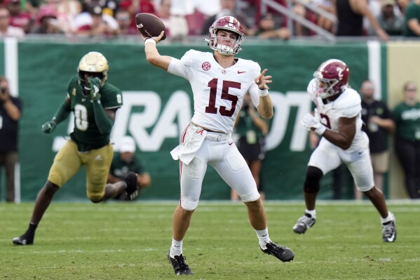 Alabama quarterback Ty Simpson (15) throws a pass against South Florida during the first half of an NCAA college football game Saturday, Sept. 16, 2023, in Tampa, Fla. (AP Photo/Chris O'Meara)