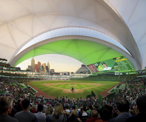 The Oakland Athletics and their design teams released renderings Tuesday, March 5, 2024 of the club's planned $1.5 billion stadium in Las Vegas that show five overlapping layers with a similar look to the famous Sydney Opera House. (Negativ via AP)