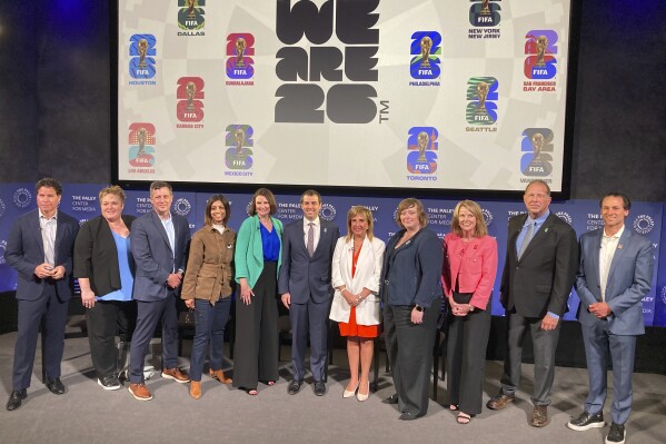From left, Atlanta president Dan Corso, North Texas organizing committee president Monica Paul, Houston president Chris Canetti, San Francisco Bay Area CEO Zaileen Janmohamed, Philadelphia executive Meg Kane, (New York/New Jersey CEO Alex Lasry, Miami CEO Alina Hudak, Seattle chief strategy officer April Putney, Kansas City CEO Pam Kramer, Boston CEO Mike Loynd, and Los Angeles vice president Jason Krutzsch meet at the Paley Center in New York a year ahead of the 2026 World Cup, on Monday, June 9, 2025. (AP Photo/Ronald Blum)