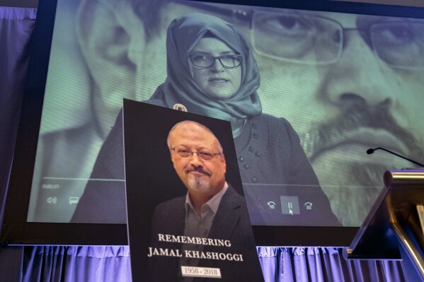 
              FILE - In this Friday, Nov. 2, 2018 file photo, a video image of Hatice Cengiz, fiancee of slain Saudi journalist Jamal Khashoggi, is played during an event to remember Khashoggi, who was killed inside the Saudi Consulate in Istanbul on Oct. 2, in Washington. Saud Al-Mojeb, Saudi Arabia’s top prosecutor, is recommending the death penalty for five suspects charged with ordering and carrying out the killing of Saudi writer Jamal Khashoggi. Al-Mojeb told a press conference in Riyadh Thursday, Nov. 15, 2018,  that Khashoggi’s killers had been planning the operation since September 29, three days before he was killed inside the kingdom’s consulate in Istanbul. (AP Photo/J. Scott Applewhite, File)
            
